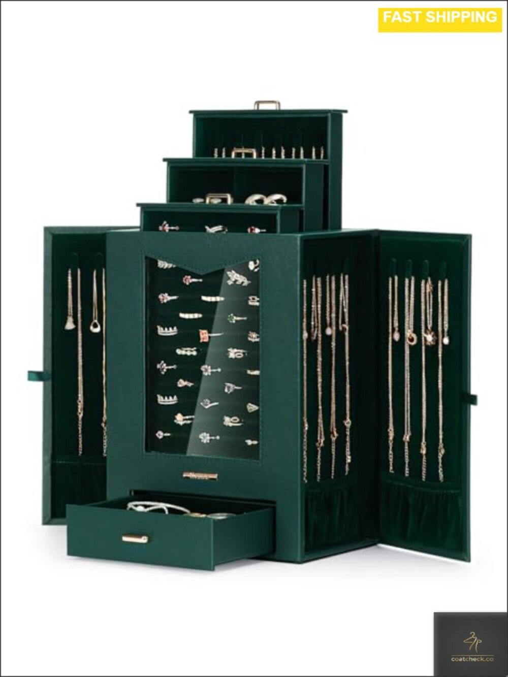 Jewelry Organizer Box PU Leather 22 Hooks Window